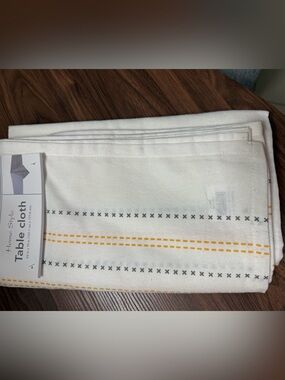 White Table Cloth with Yellow and Gray Stitch Accents 54” x 70”